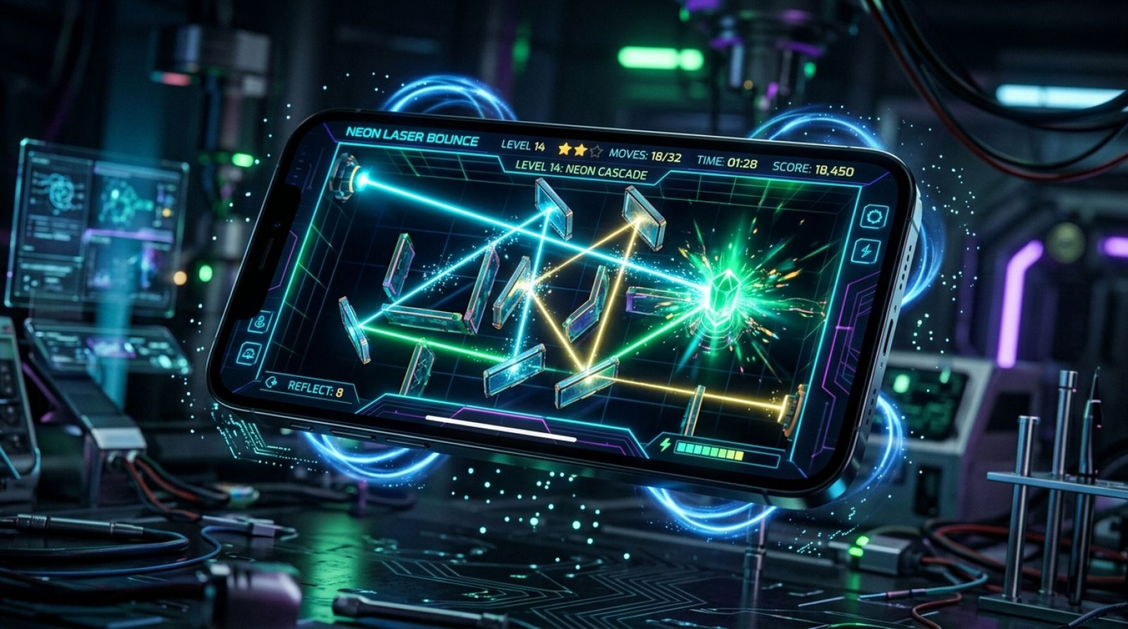 Jeu Mobile Neon Laser Bounce : Réflexion Physique & Laser 3D