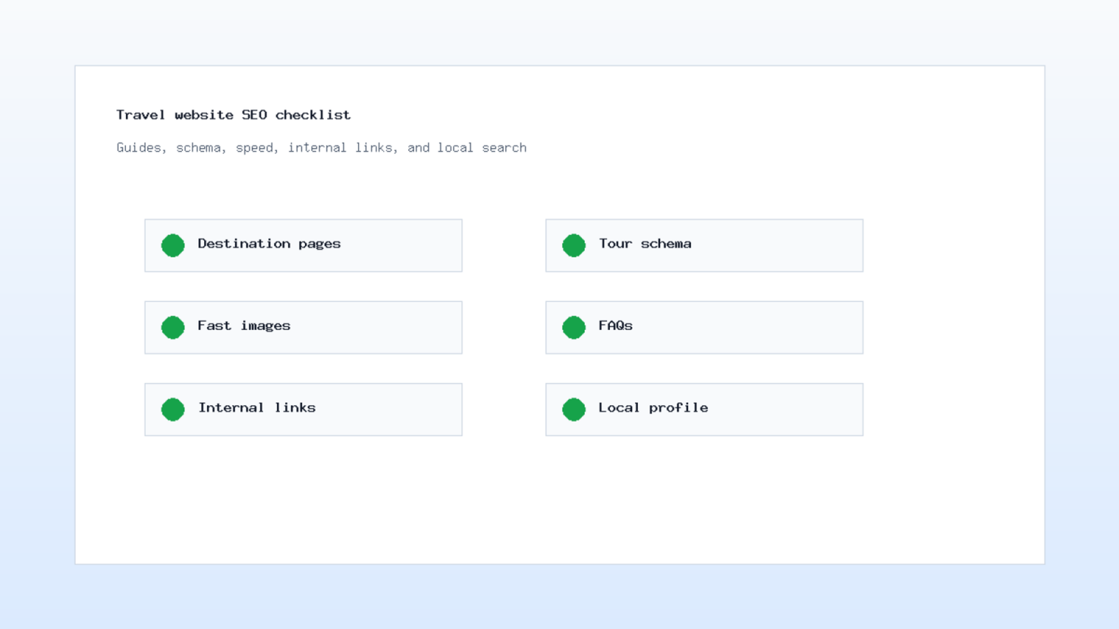Travel SEO checklist for speed schema links and local search